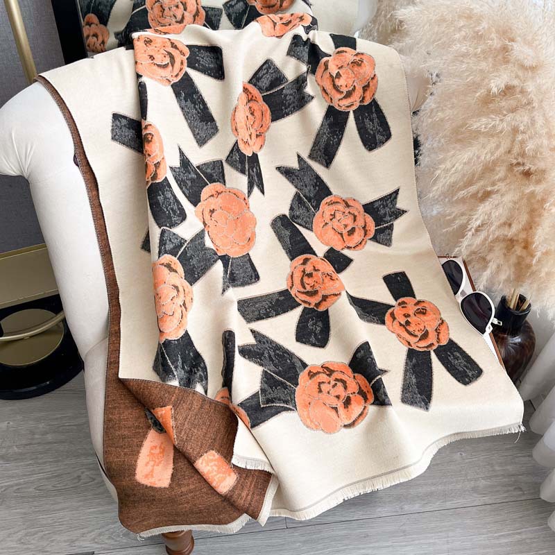 Light-luxury Camellia Bow Shawl Double-sided Thickened Scarf photo 8