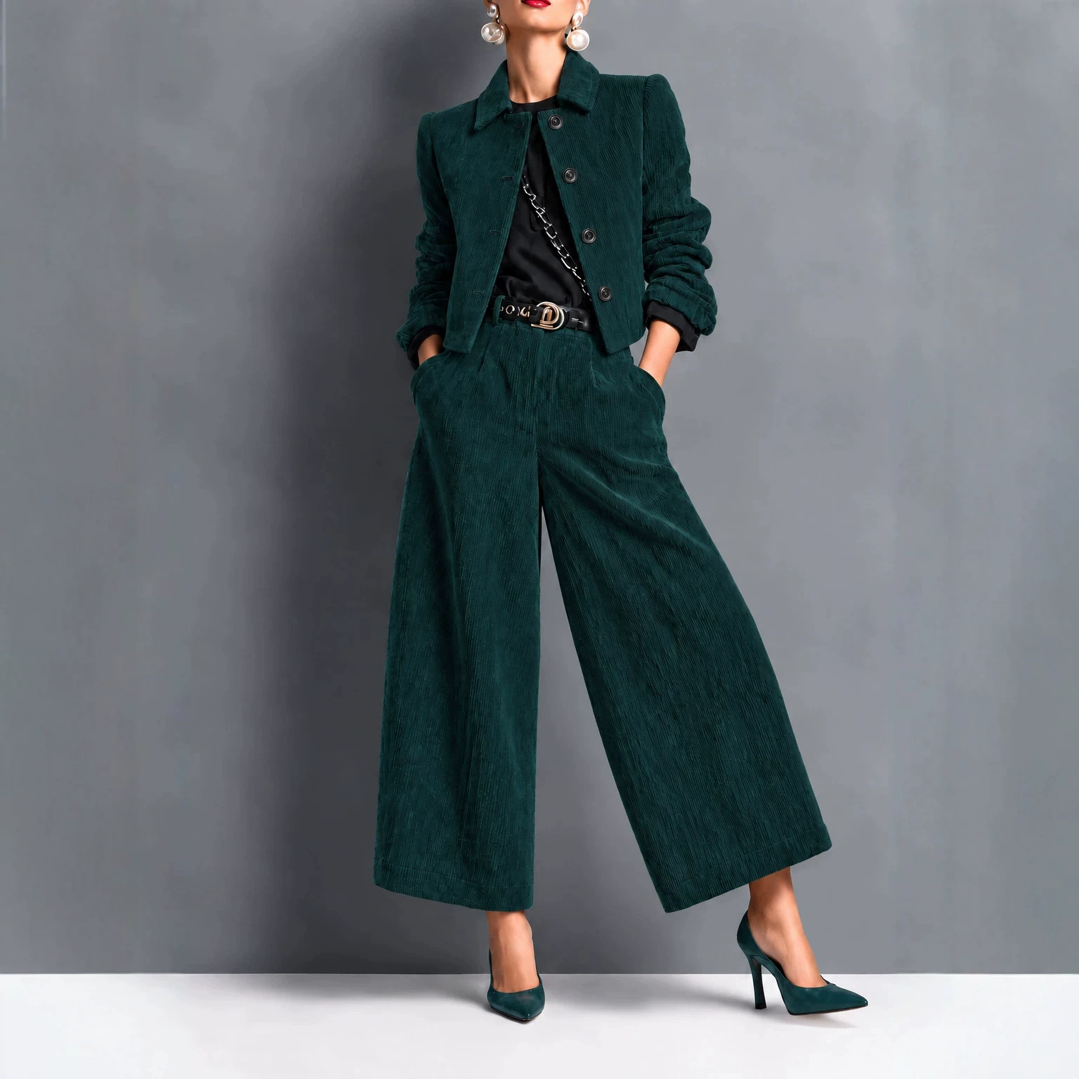 Corduroy Cropped Jacket And Wide-leg Pants Set photo 2