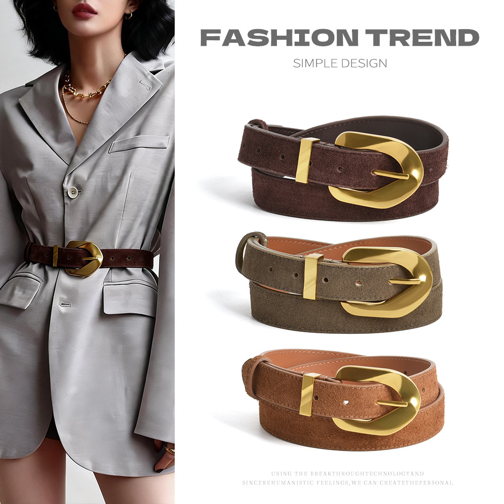 Matte Cowhide Vintage Ladies New Gold Buckle Belt photo 1