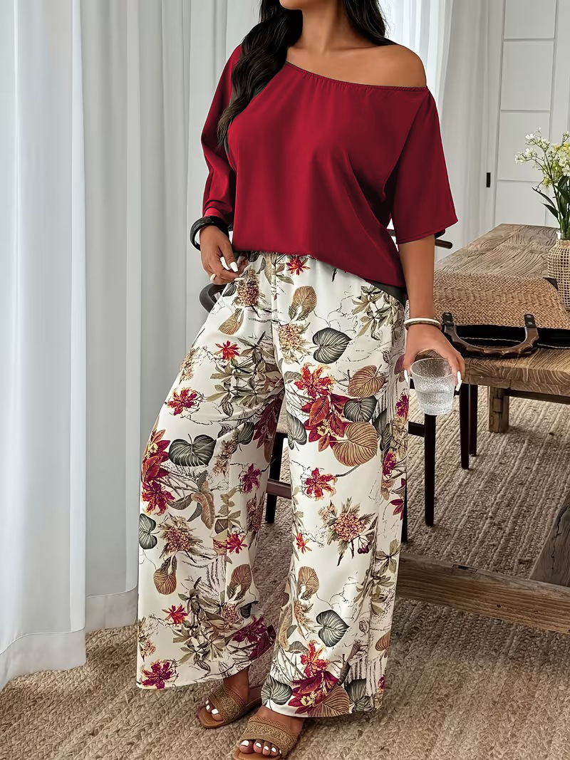 Casual Womens Set Featuring Plant And Floral Print Wide-leg Pants photo 5