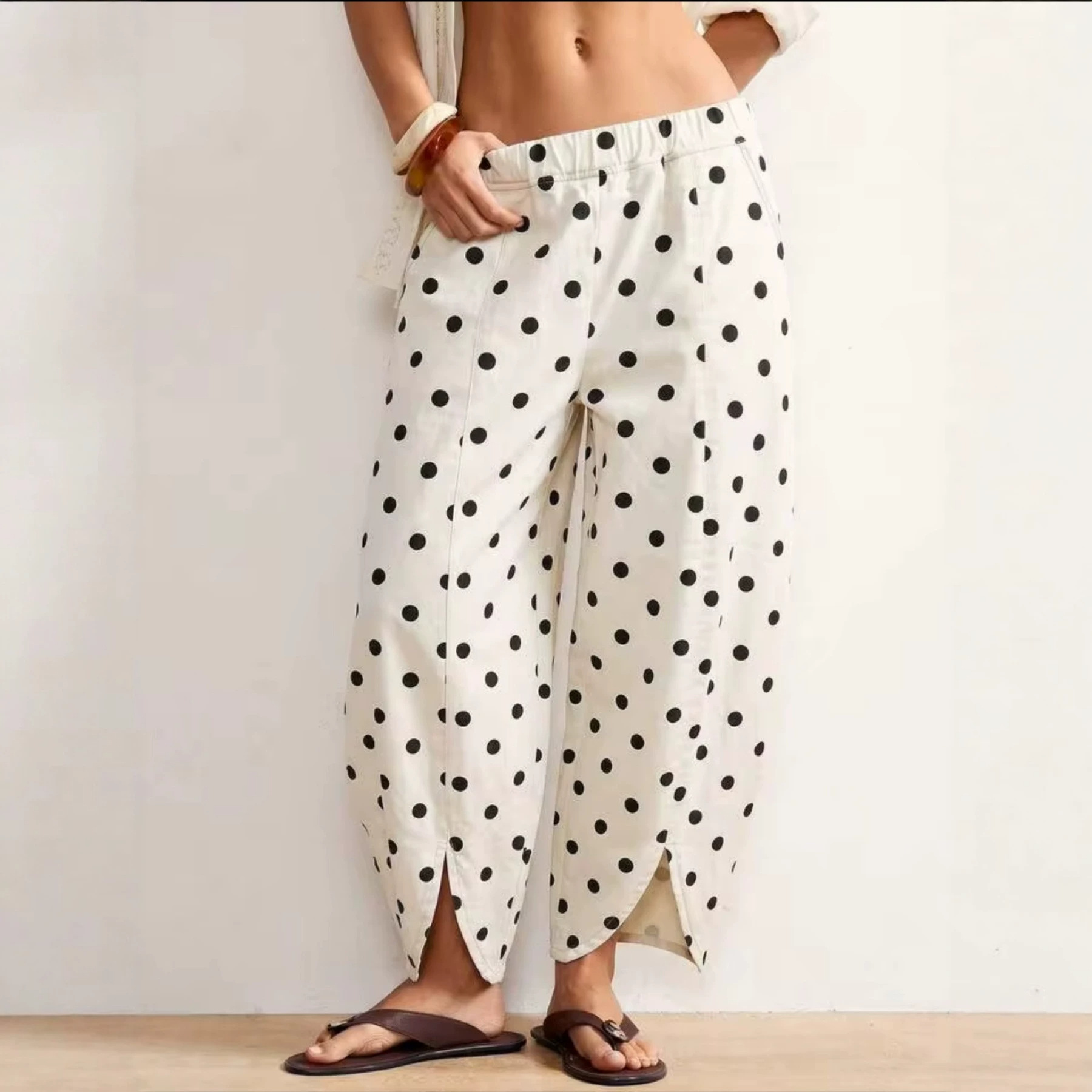 Korean-style Versatile Elastic-waist Wide-leg Pants With Round Polka Dots photo 1