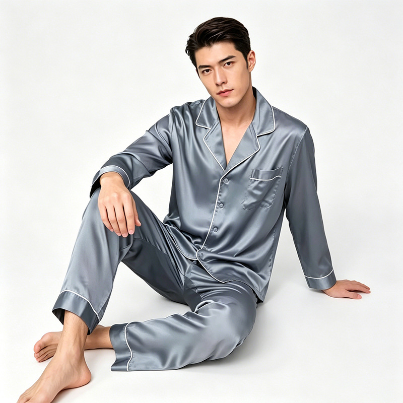Mens Long-sleeve Long-pants Silk Pajama Set photo 1