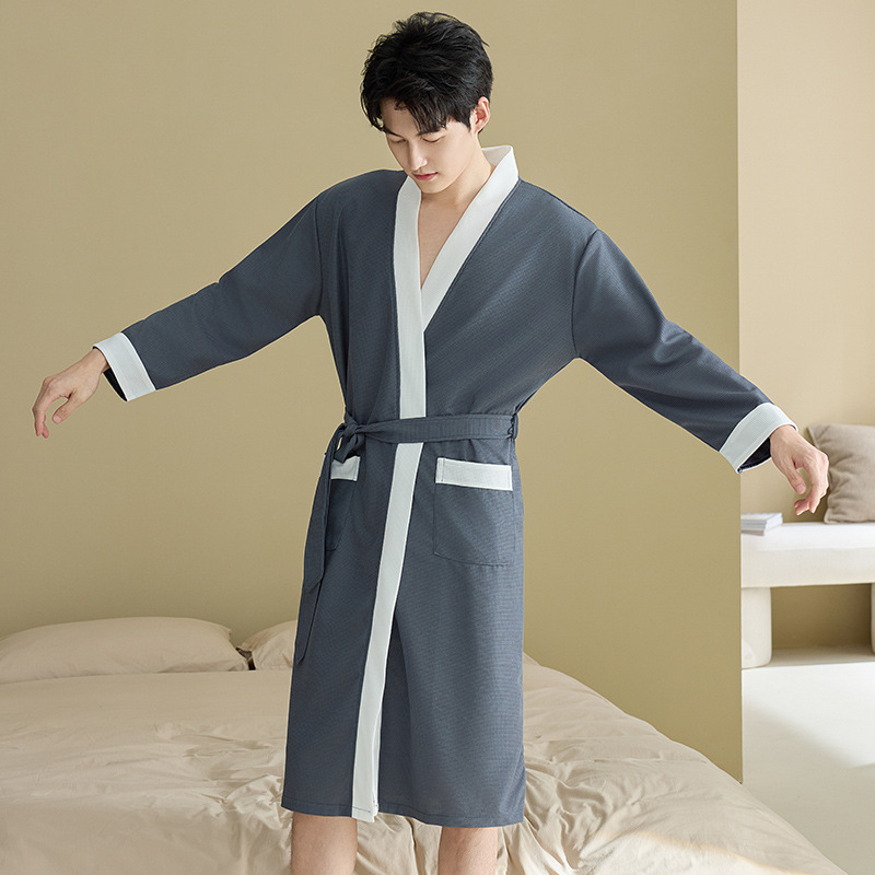 Mens Waffle-Weave Simple Casual Nightgown photo 3