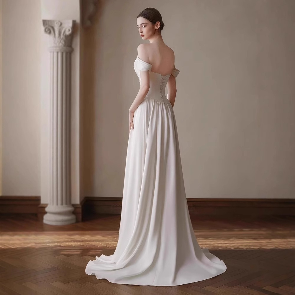 Off-the-shoulder Pleated Waist-cinching French Satin Light Wedding Dress photo 7