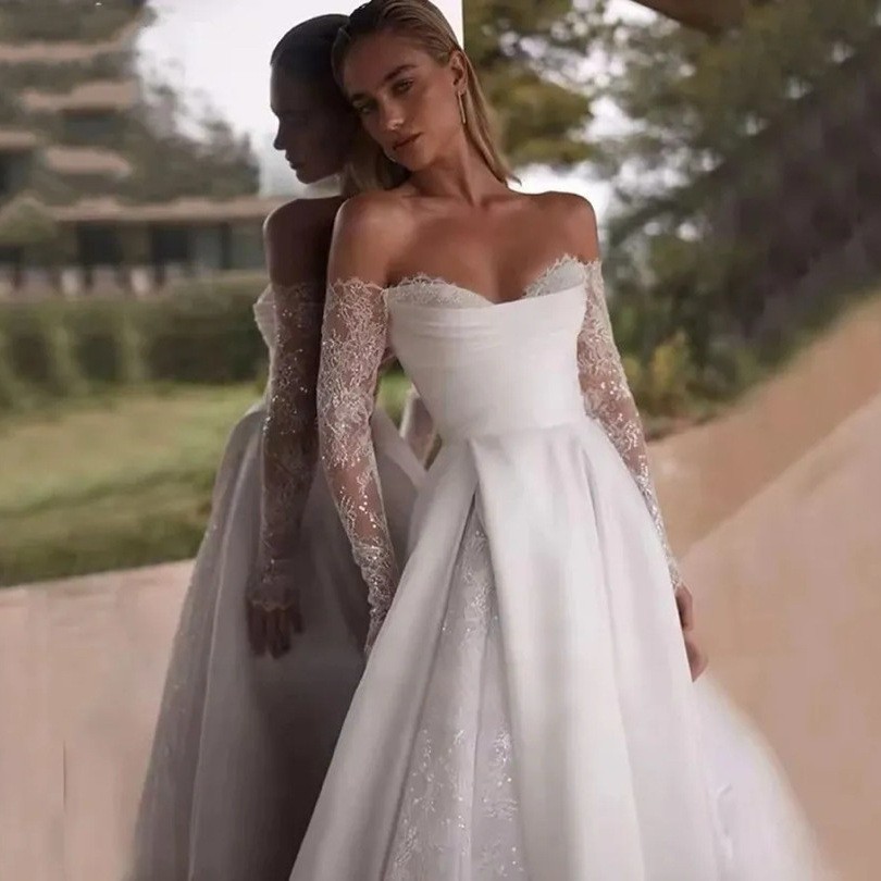 Long Sleeve Off Shoulder Wedding Dress Elegant Train Bridal Gown For Ceremony Reception photo 3