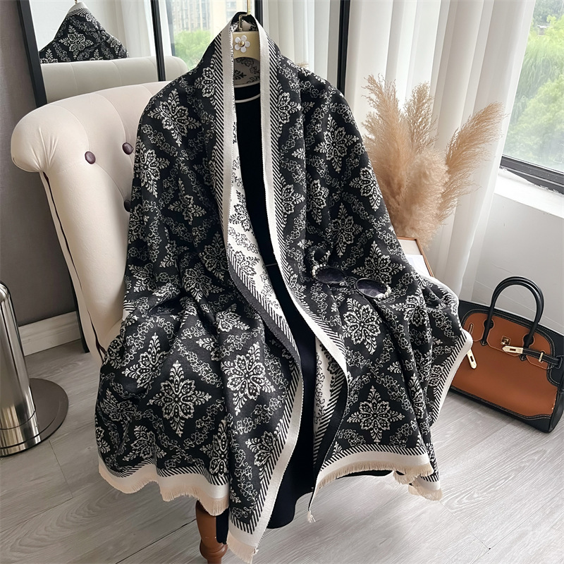 Thickened Cashmere-look Jacquard Scarf, Vintage Floral Pattern, Long Style For Women photo 8