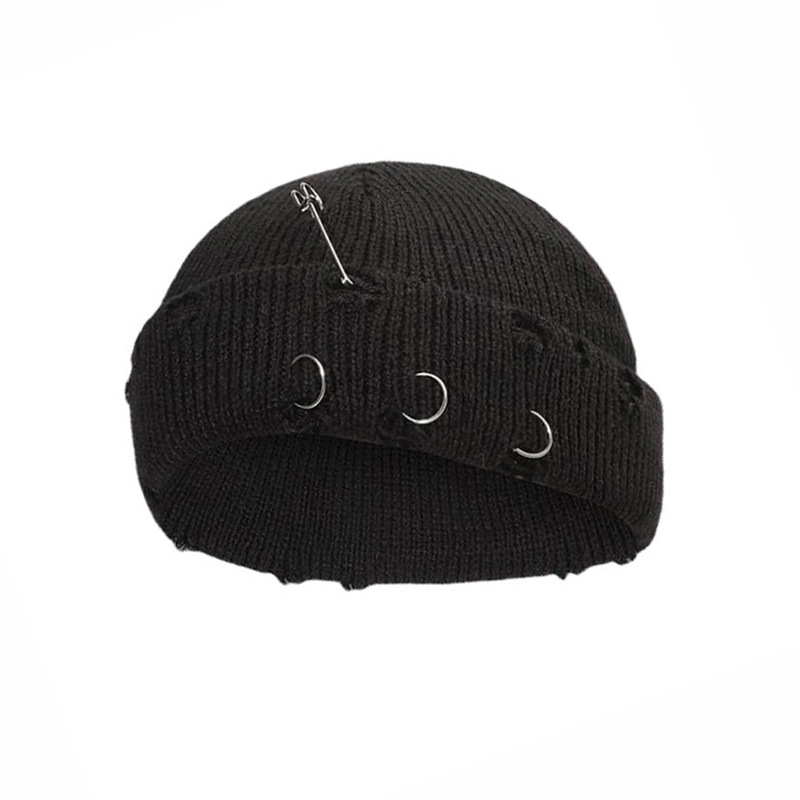 Iron Ring Pin Ripped Knit Beanie photo 1