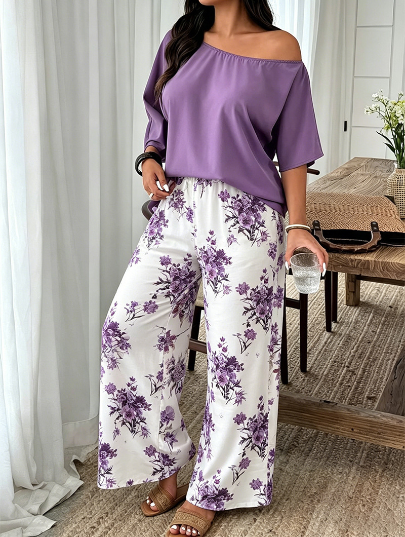 Casual Womens Set Featuring Plant And Floral Print Wide-leg Pants photo 4