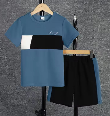 Mens Casual Color-block Short-sleeve T-shirt And Shorts Set photo 5