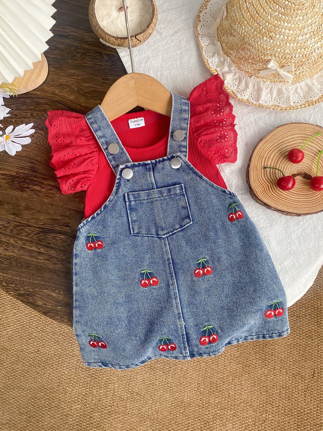 Baby Girl T-Shirt Denim Embroidered Suspender Dress Set photo 3