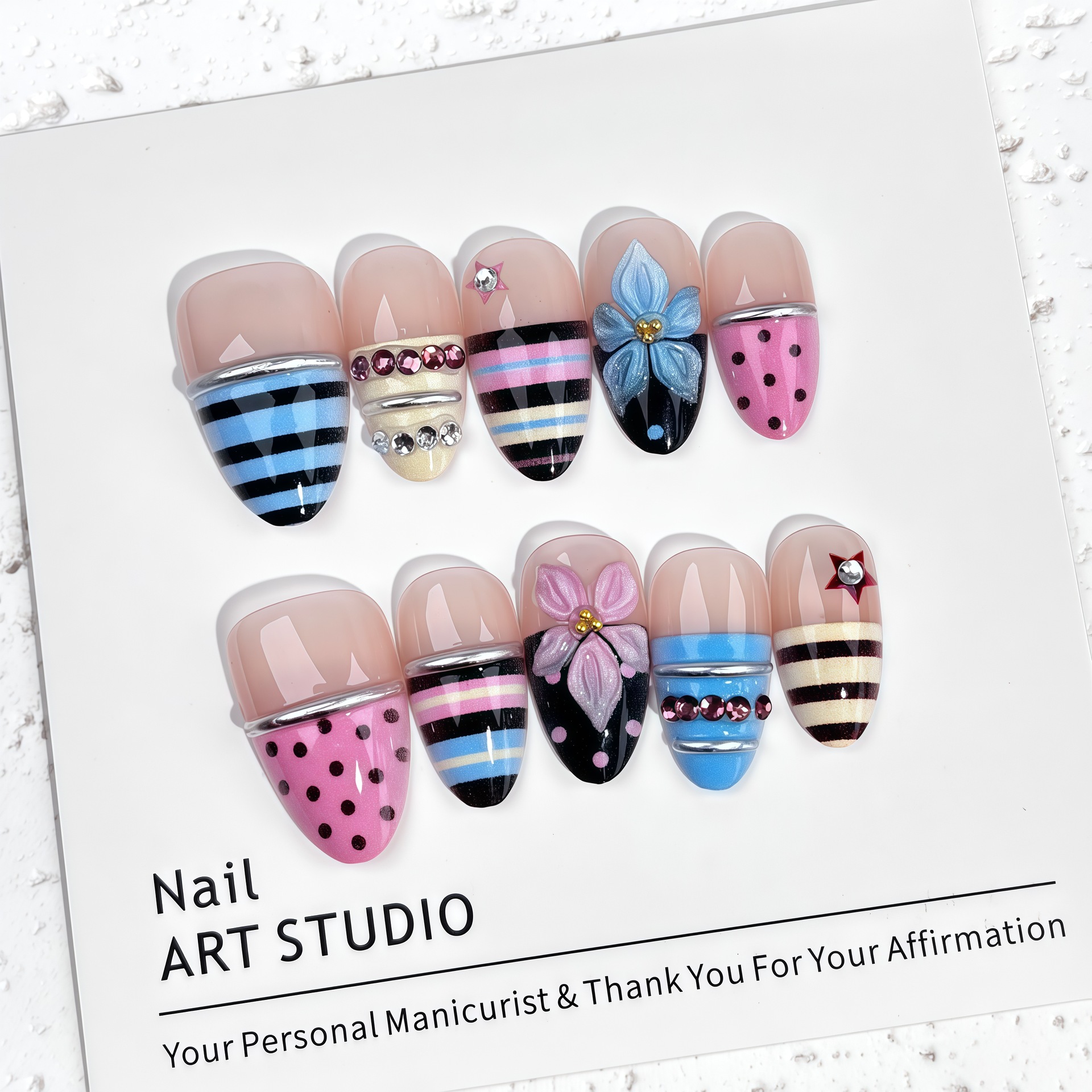 3D Flower Striped Wearable Nails Nail Art Stickers photo 5