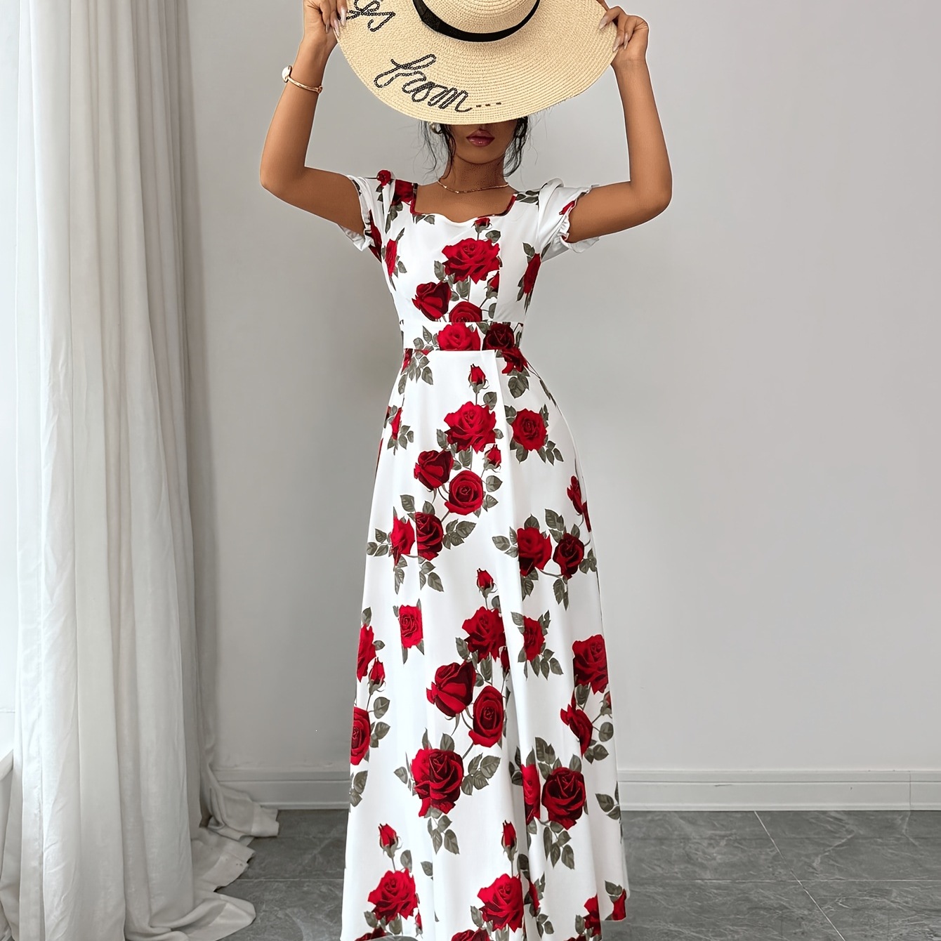 Elegant Vintage Rose-print Puff-sleeve Maxi Dress photo 5