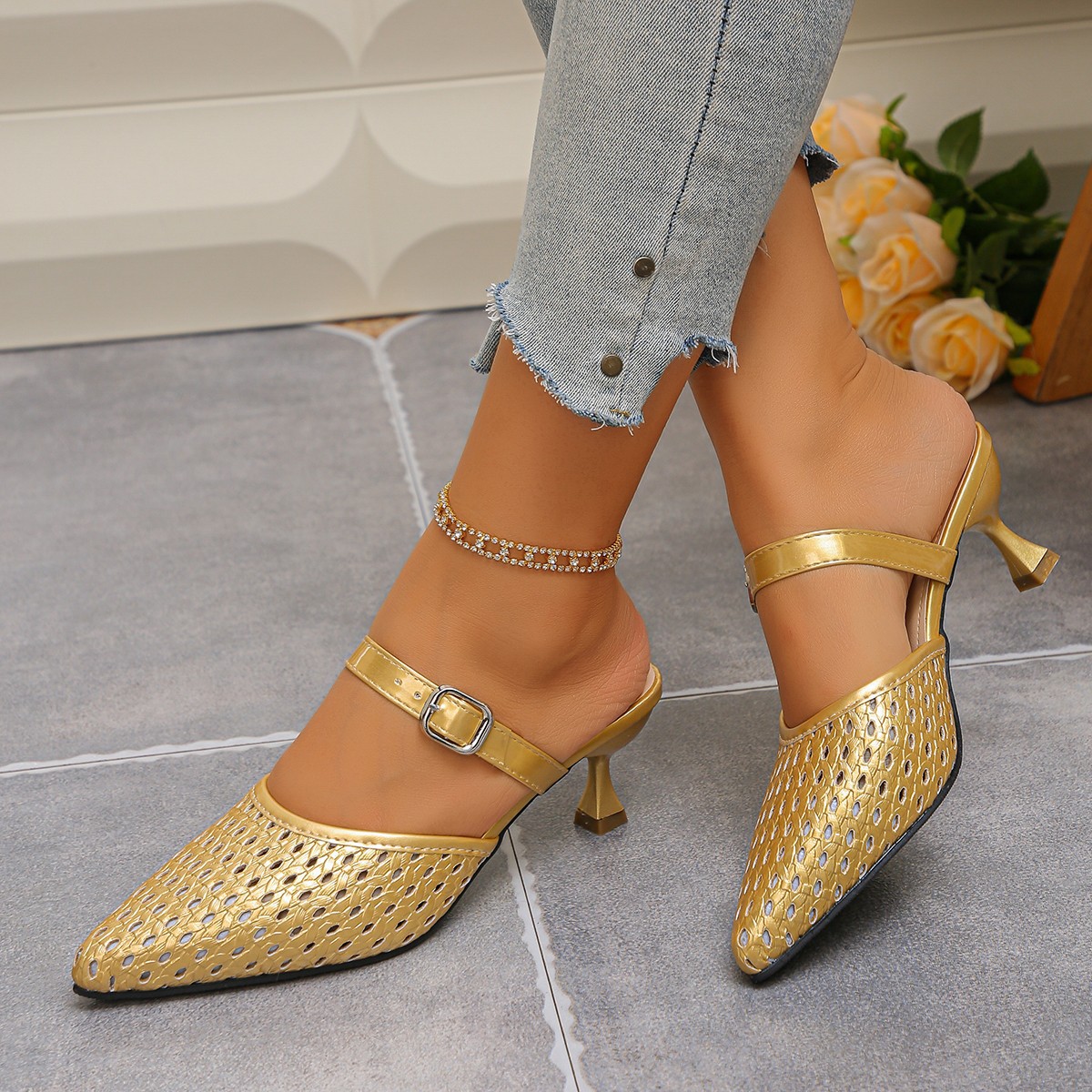Braided Open-toe Half-slipper Fashionable High-heeled Slip-on For Outdoor Wear photo 6