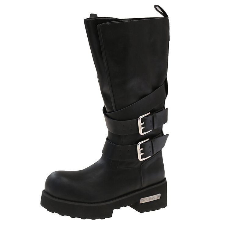 High Top Retro Boots Belt Buckle Biker Chunky Heel photo 3