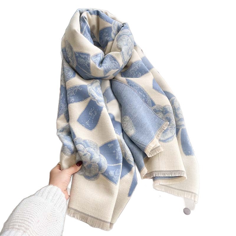 Light-luxury Camellia Bow Shawl Double-sided Thickened Scarf photo 6