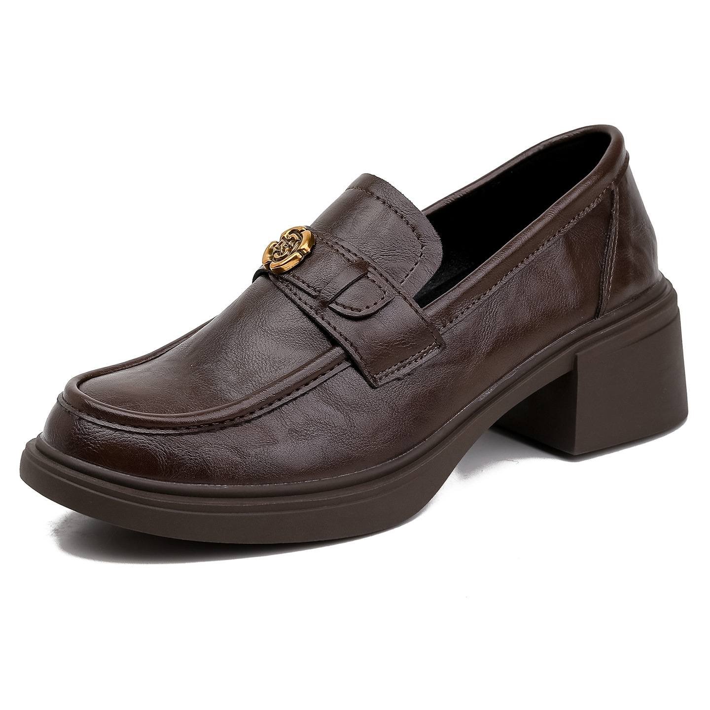 Chunky-heel Slip-on Leather Shoes With Thick Soles photo 2