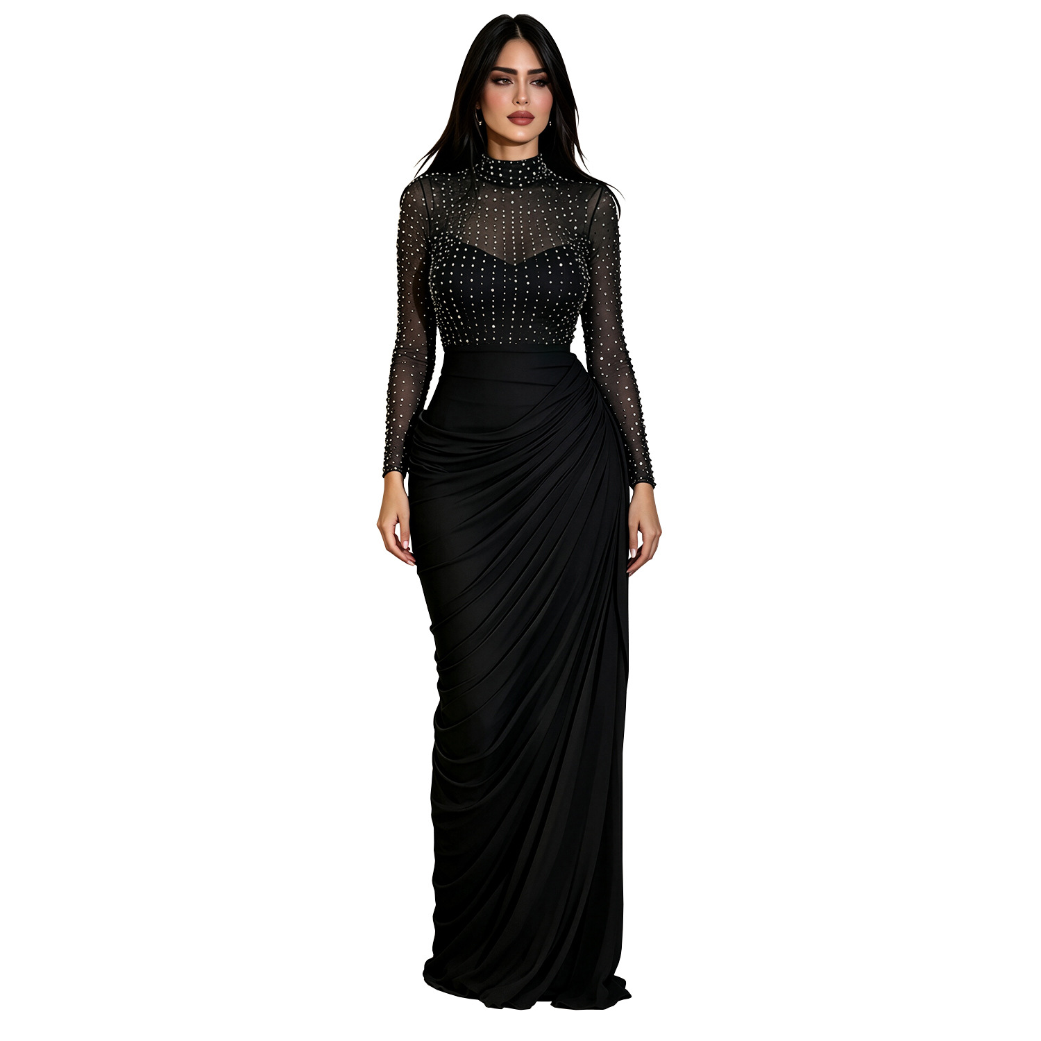 Mesh Long-sleeve Pleated Bodycon Sheath Dress photo 3