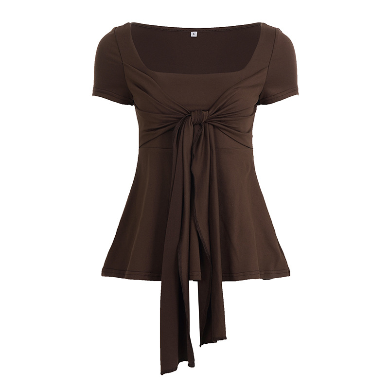 Summer Womens Retro Bow-tie Square-neck Loose-fit Short-sleeve Top photo 6