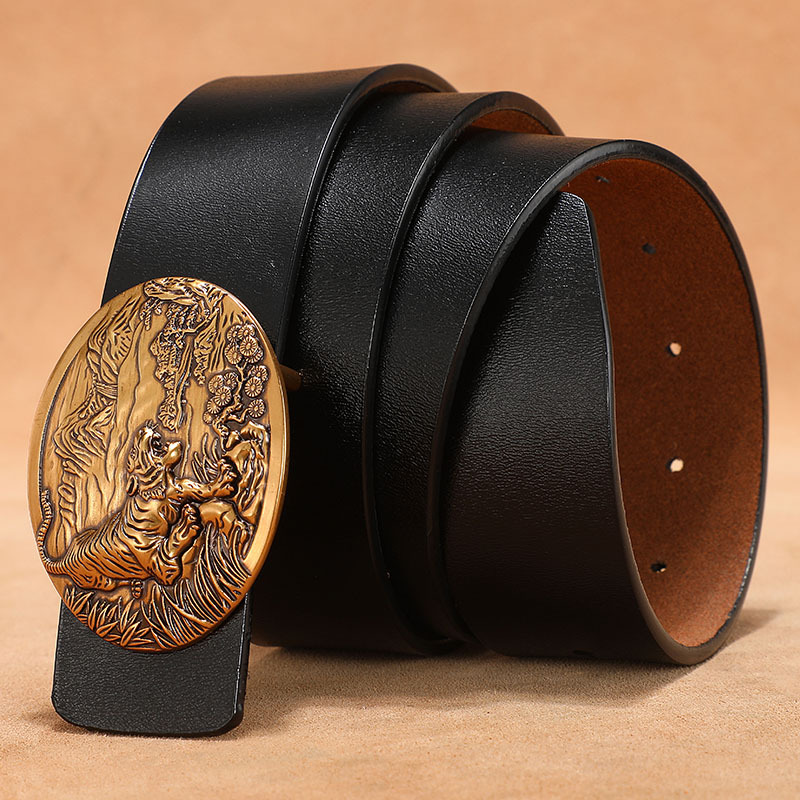 Vintage Men's Genuine Leather Extra-Large Smooth-Button Denim Jeans Belt photo 6