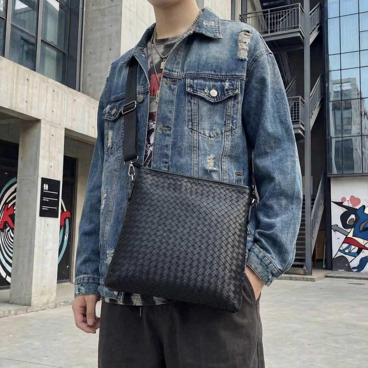 Mens Woven Simple Stylish Versatile Outdoor Travel Crossbody Shoulder Bag photo 6
