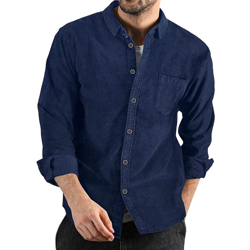 Corduroy Lapel-button Loose-fit Mens Long-sleeve Shirt photo 5