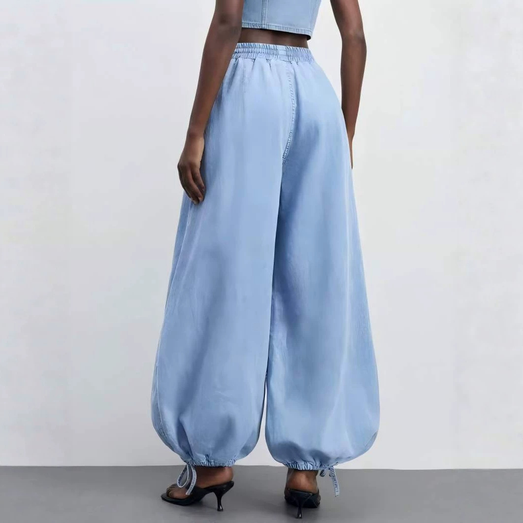 Draping Wide-leg Washed Denim Pants With A Drawstring Elastic Waist And Ankle Cuffs photo 6