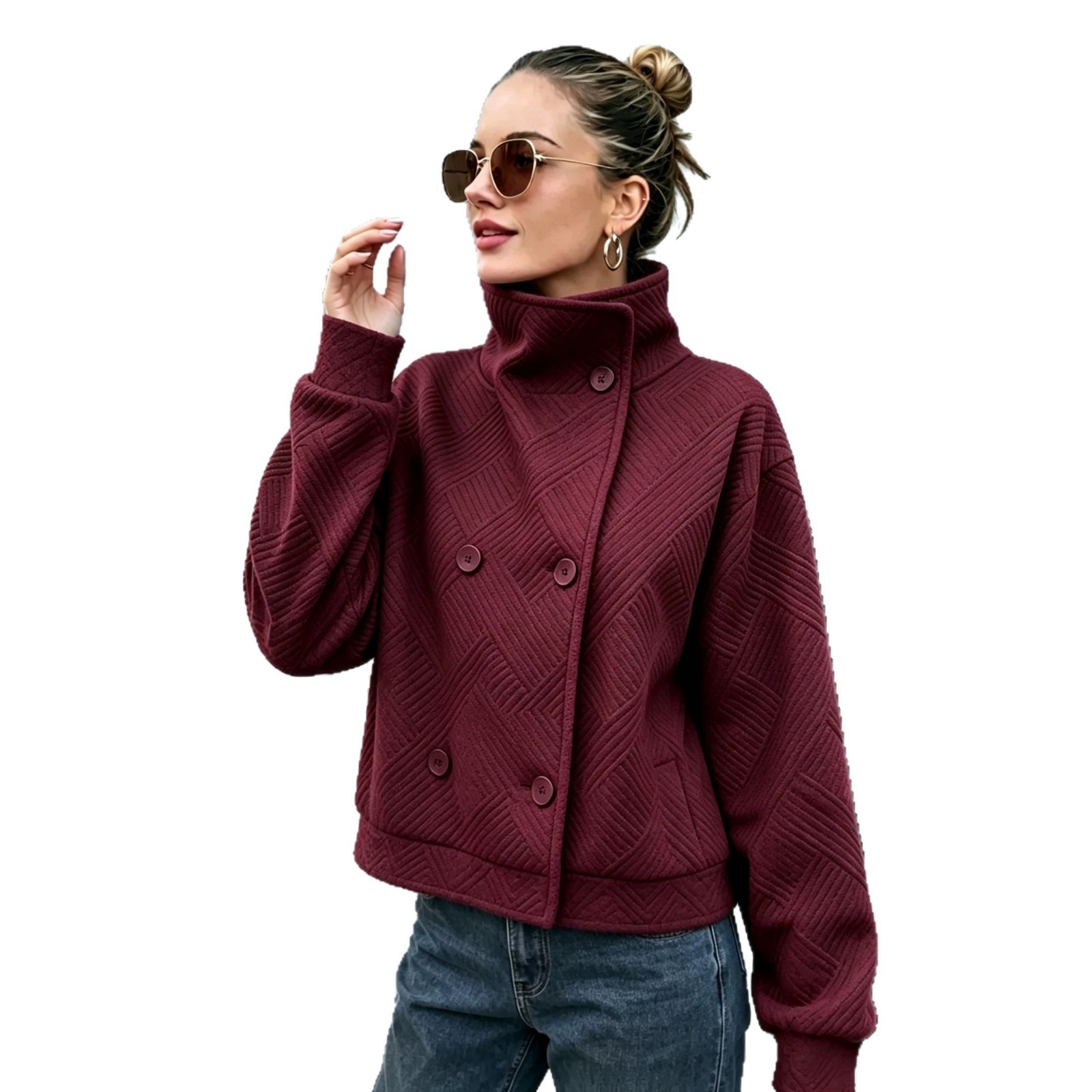 Women's Buttoned Turtleneck Double-breasted Lapel Coat photo 2