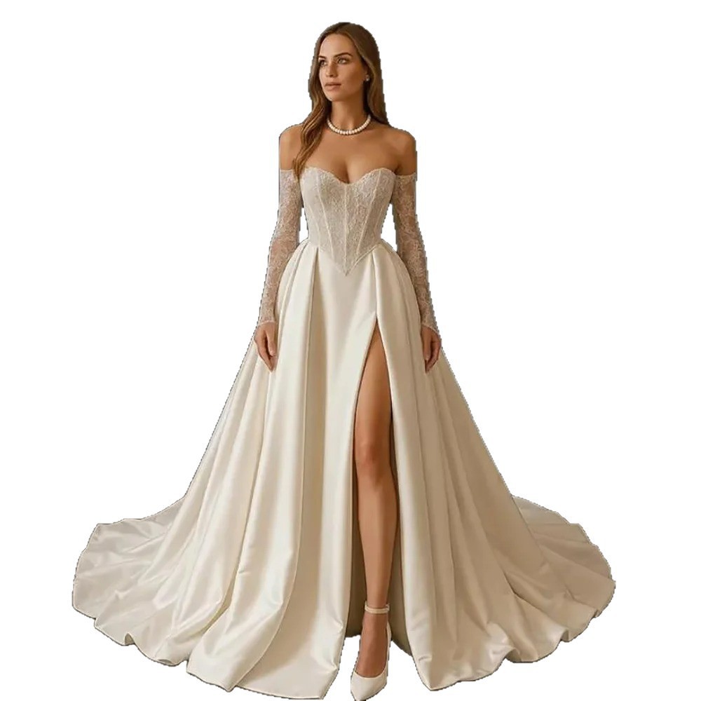Split Trailing Graceful Tube Top Lace Satin Wedding Dress photo 3