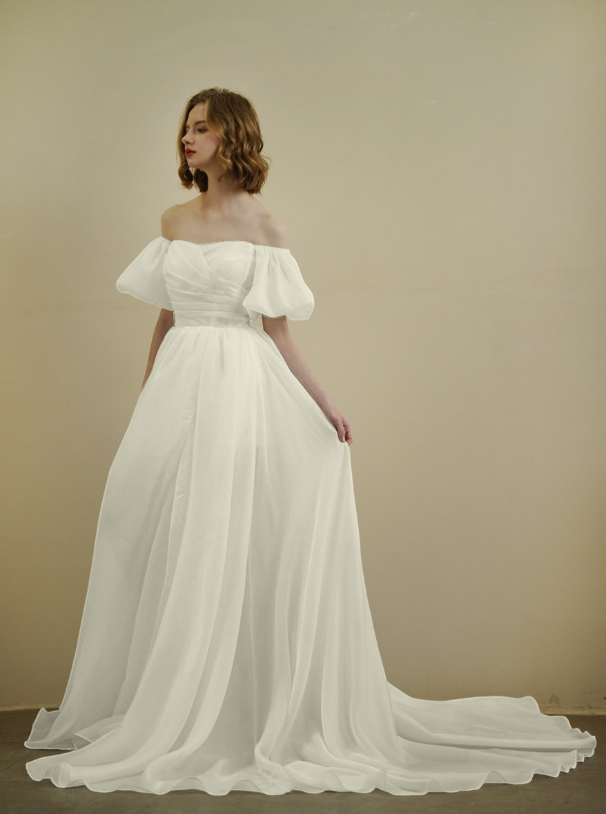 Off-the-shoulder Lightweight Wedding Dress With A Minimalist Chiffon Design And An Elegant Long Train photo 5