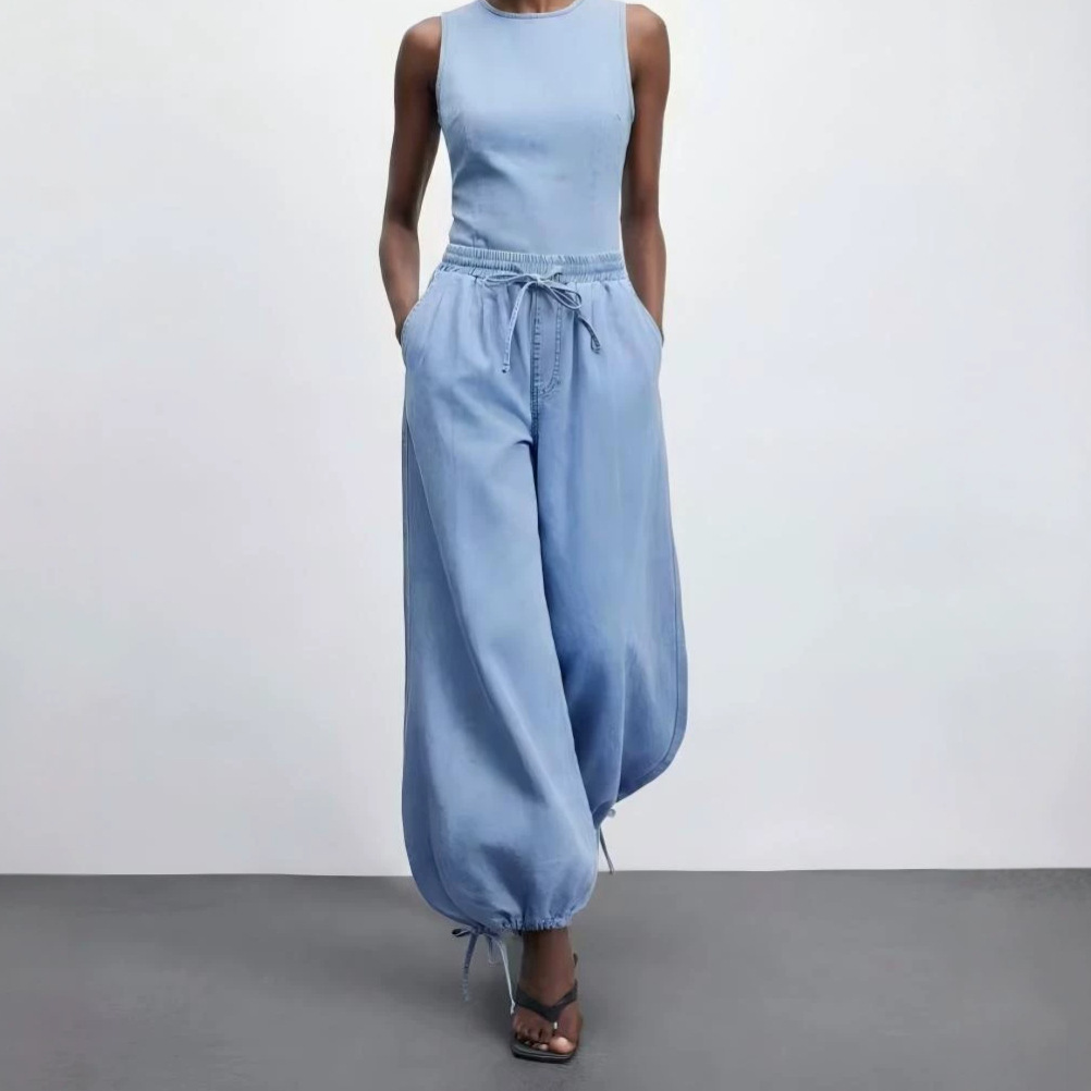 Draping Wide-leg Washed Denim Pants With A Drawstring Elastic Waist And Ankle Cuffs photo 5
