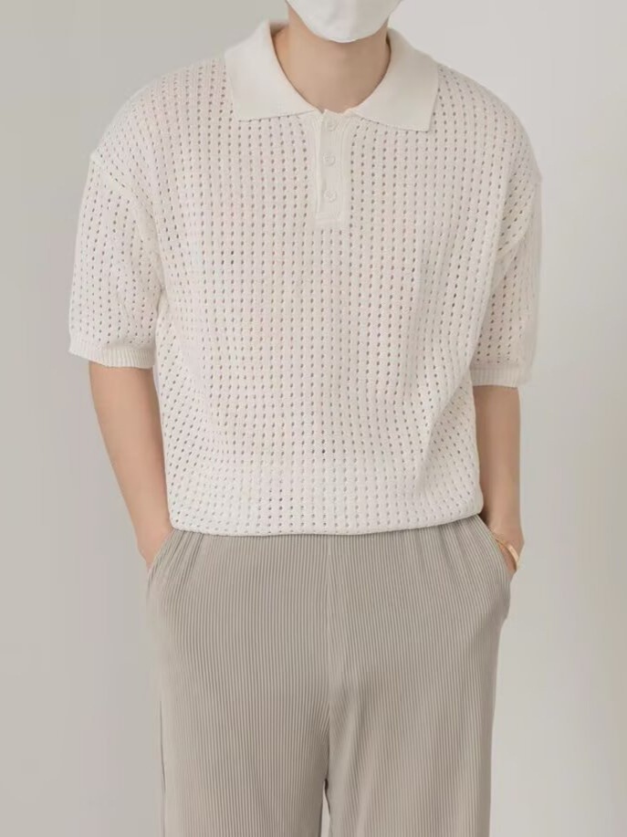 Mens Retro Solid-Color Half-Sleeve Lapel T-Shirt photo 7