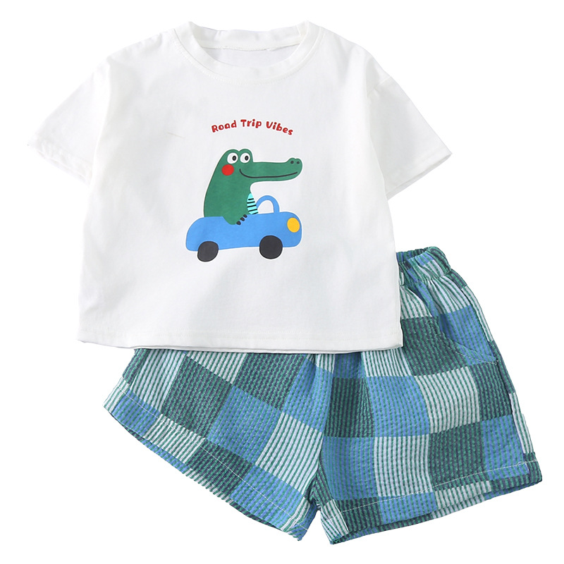 Childrens Short-sleeve Plaid Dress Set photo 6