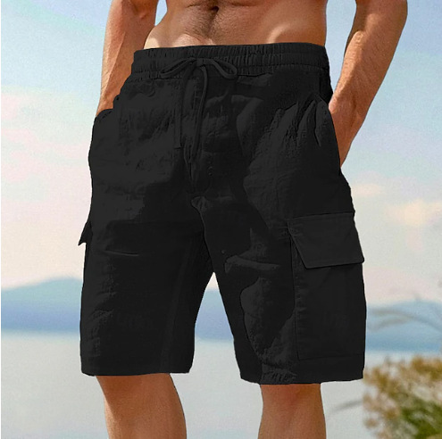 Beach Shorts With Elastic Waist Drawstring Multiple Pockets Solid Color photo 6