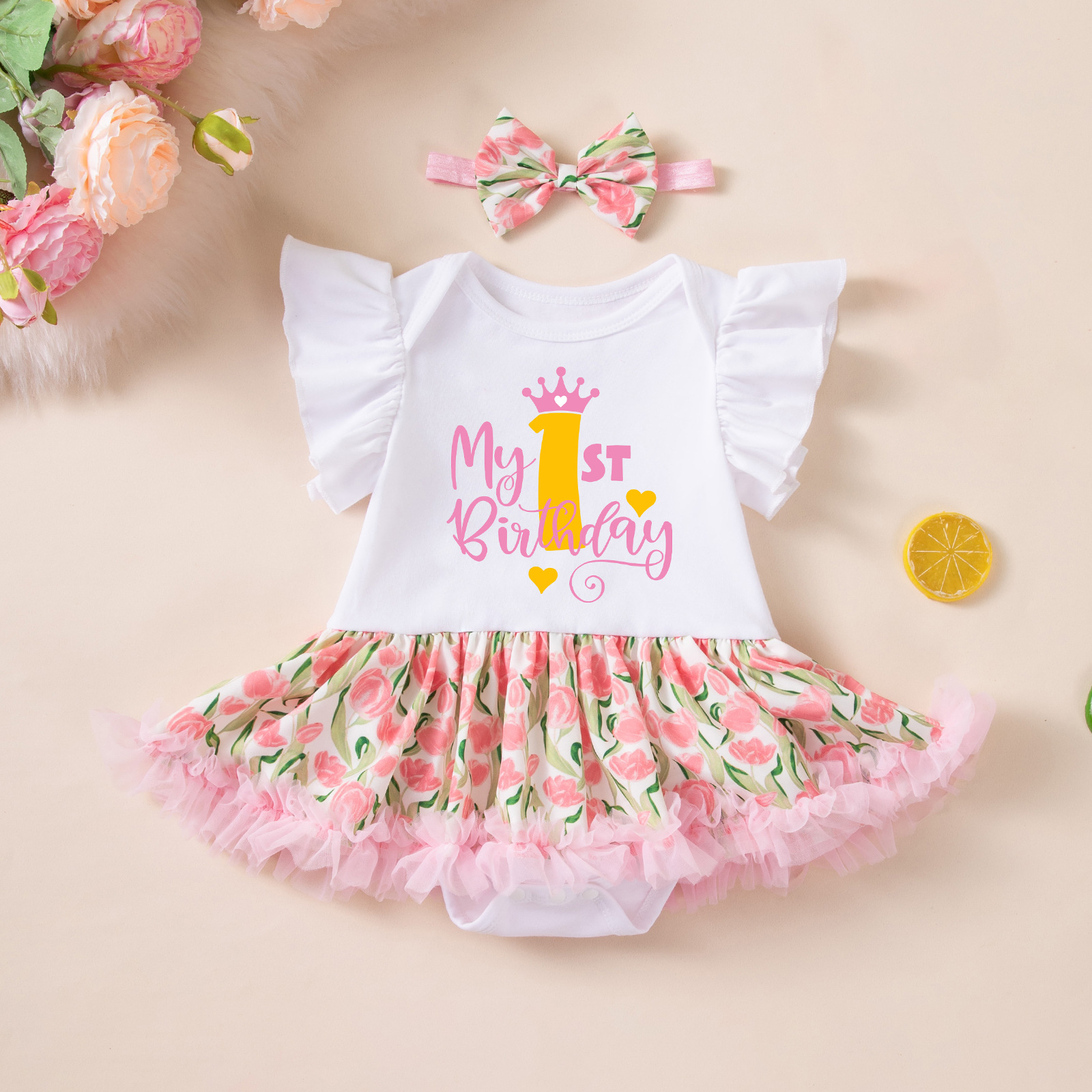 Birthday Outfit Flutter-Sleeve Romper Crawling Suit PP Pants And Bow Headband Set photo 8