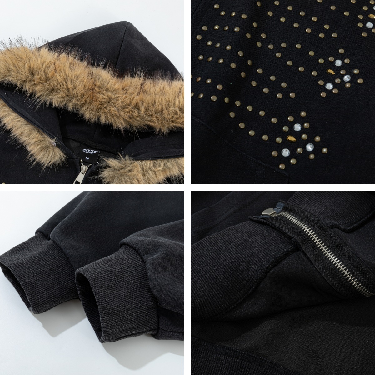Detachable Fur Collar Rhinestone Detailing Washed Finish Zip-up Hoodie photo 5