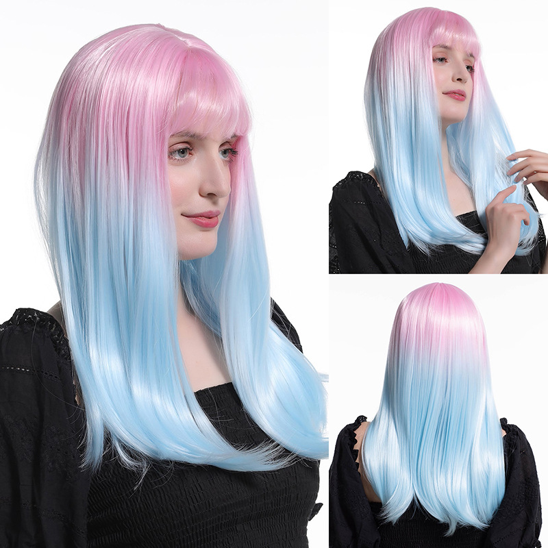Womens Figure-8 Bangs Black-to-gray Ombre Long Straight Synthetic Hair photo 5