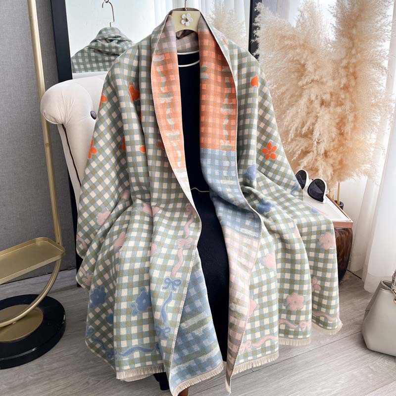 Women's Double-Sided Jacquard Bow-Knot AutumnWinter Floral ShawlScarf photo 1