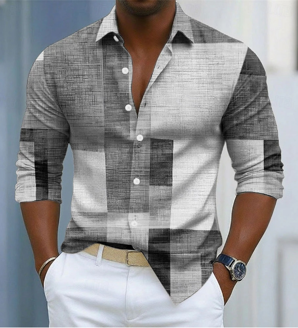 Men's Geometric Color-Block Plaid Pattern Shirt photo 8