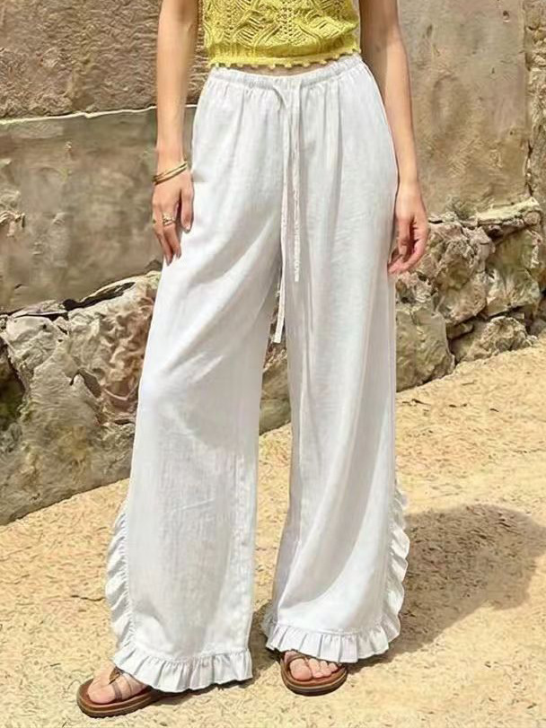High Waisted Wide Leg Trousers With A Draped Ruffled Hem Casual Long Pants photo 4