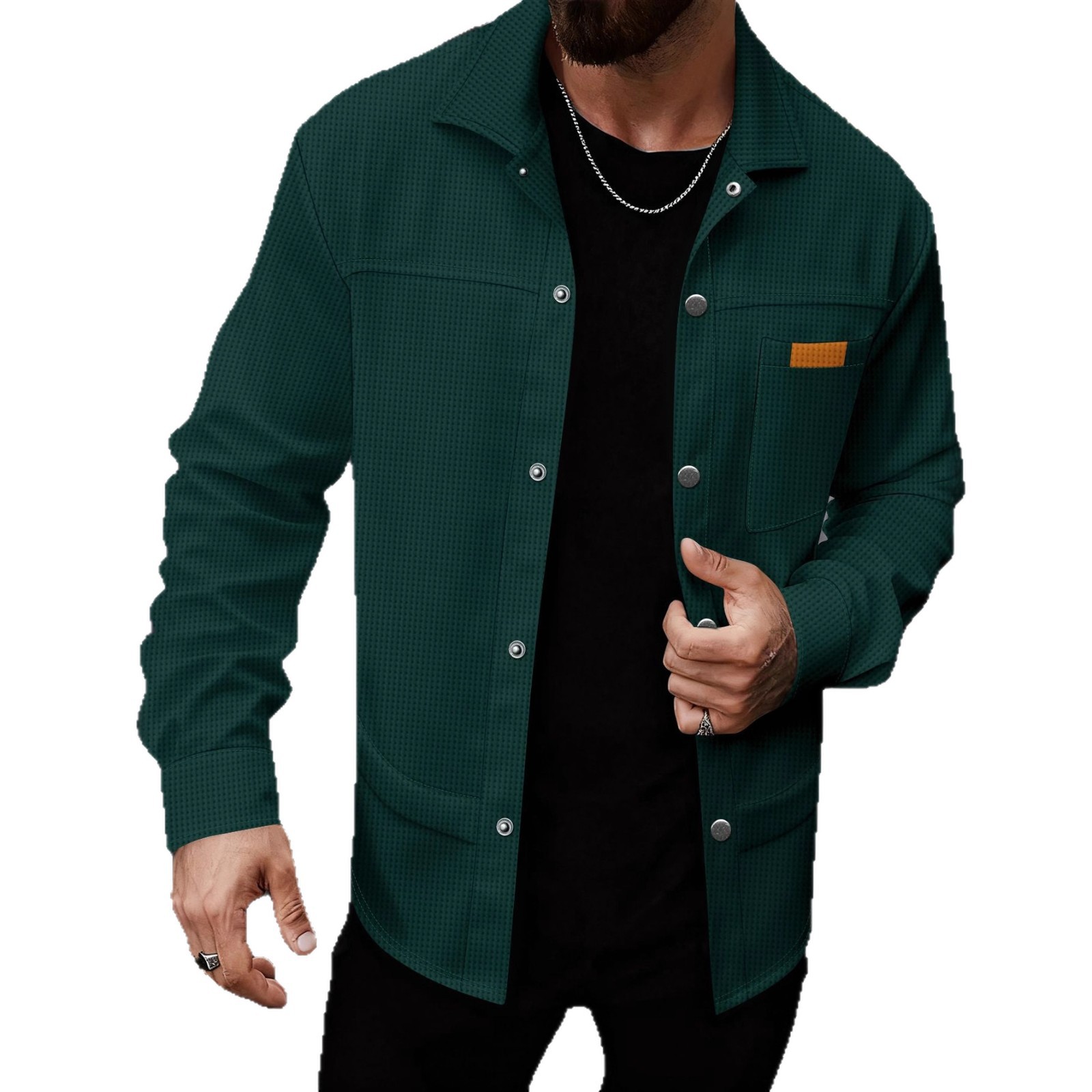 Solid-color Lapel-pocket Button-front Workwear Casual Long-sleeved Shirt photo 4