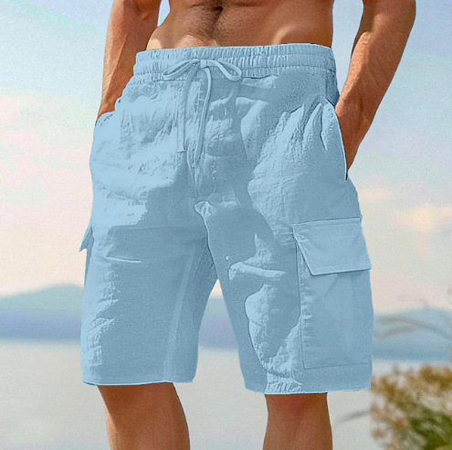 Beach Shorts With Elastic Waist Drawstring Multiple Pockets Solid Color photo 8