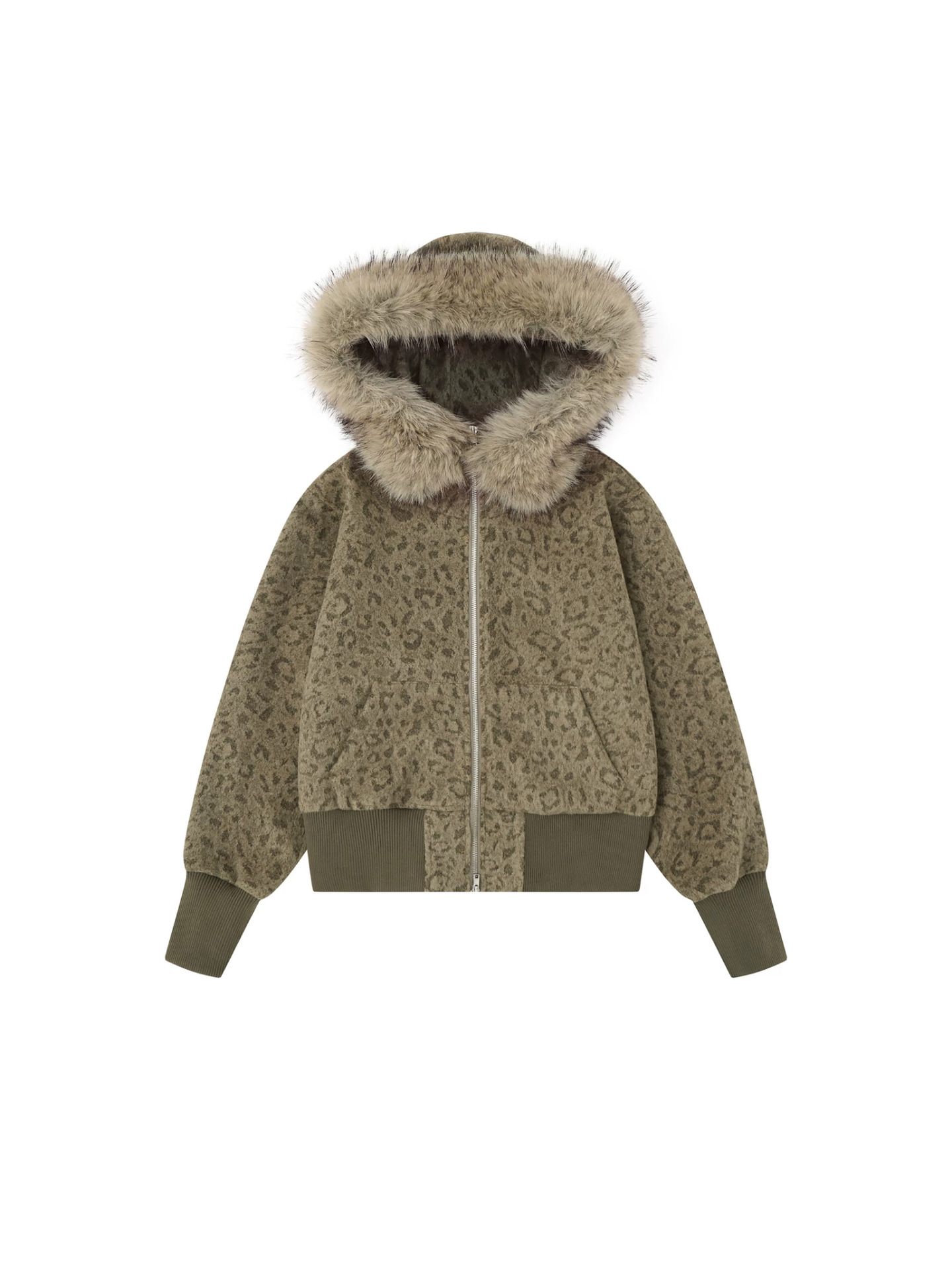 Maillard Brown Leopard-print Large Fur-hooded Coat photo 6