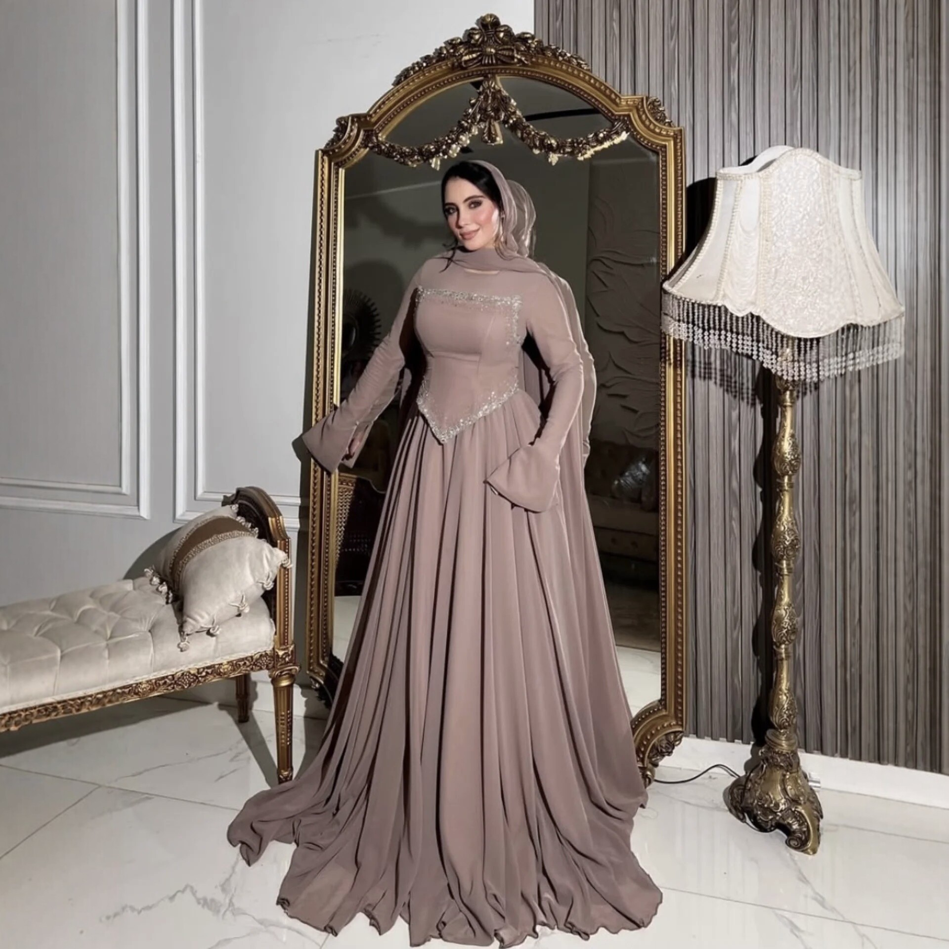 Elegant Long-Sleeve Rhinestone-Embellished Evening Gown photo 6