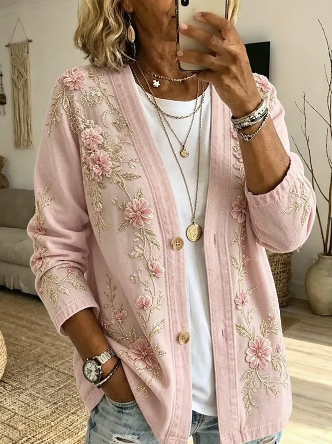 Printed Long-sleeve Cardigan With Two Buttons photo 8