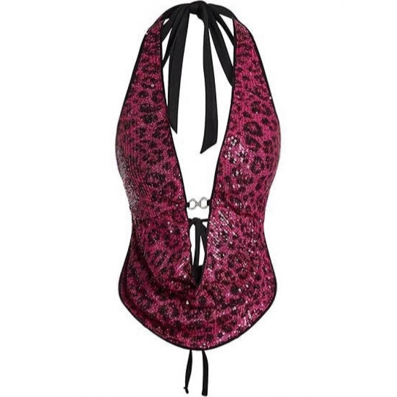 Womens Leopard-print Sequin Top With Lace-up Back And Cinched Waist photo 5