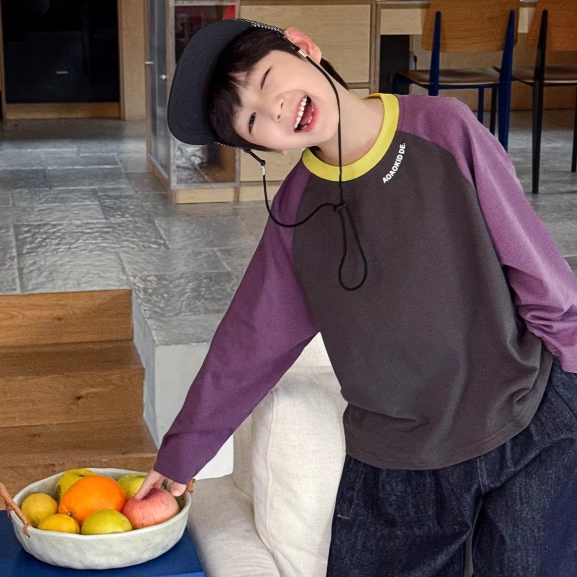 Korean-style Loose-fit Color-block Collar 100 Cotton Long-sleeve Kids' T-shirt photo 2