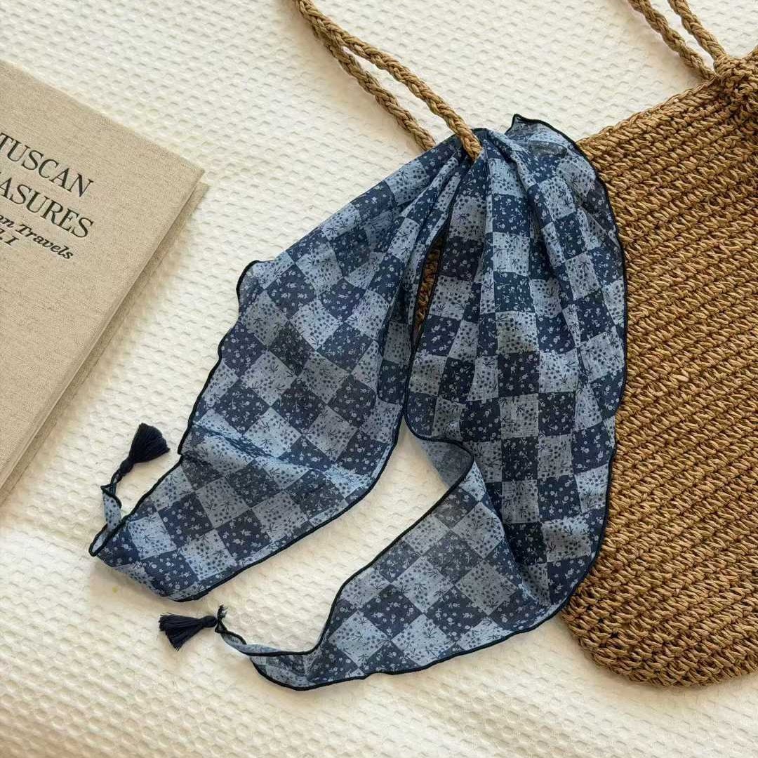 Lightweight Floral Plaid Tassel Triangle Scarf photo 6