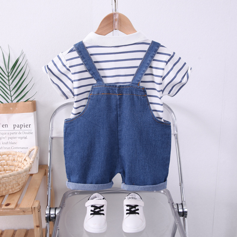 Boys Striped Lapel Denim Dungaree Set 2-Piece photo 3
