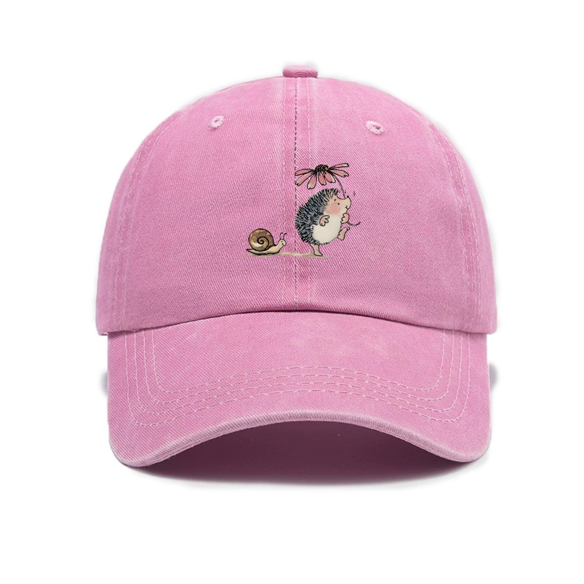 Simple Cartoon Hedgehog And Snail Print Washed Out Vintage Baseball Cap photo 5
