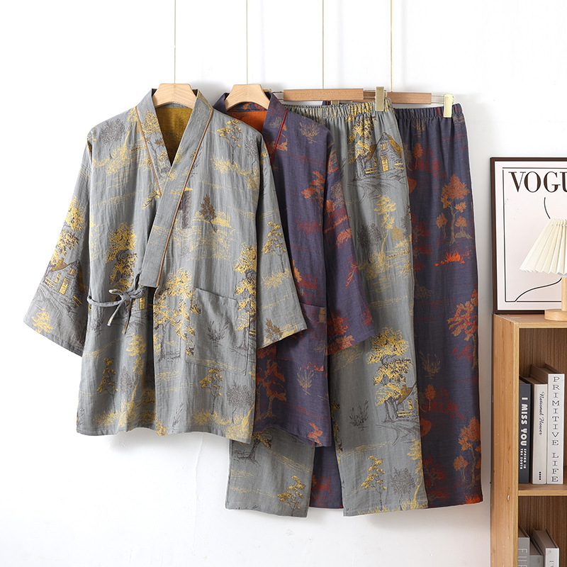 Pajama Hanfu Loungewear Pure Cotton Yarn-Dyed Jacquard Loose-Fit Lace-Up Home Set photo 1